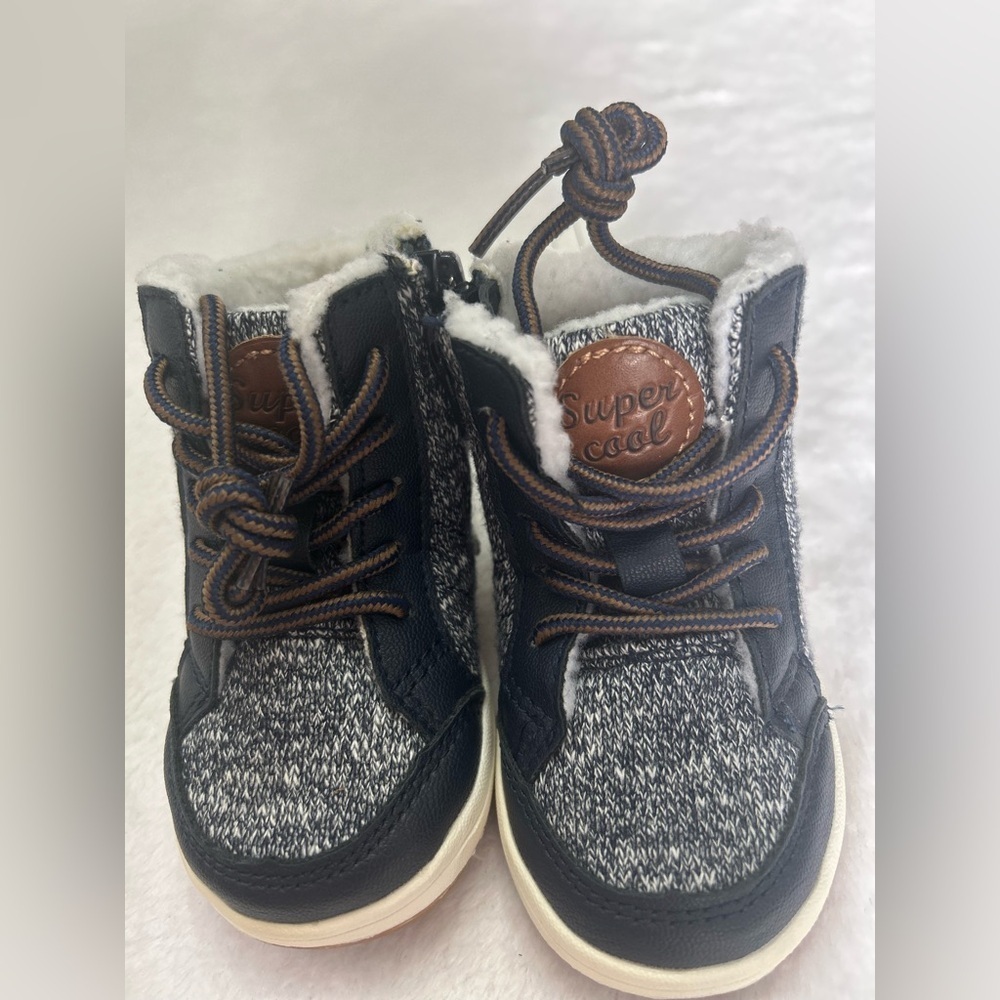 H&M Toddler Kids 2.5-3.5 Navy Blue/Brown Boots white faux fur inside side zipper